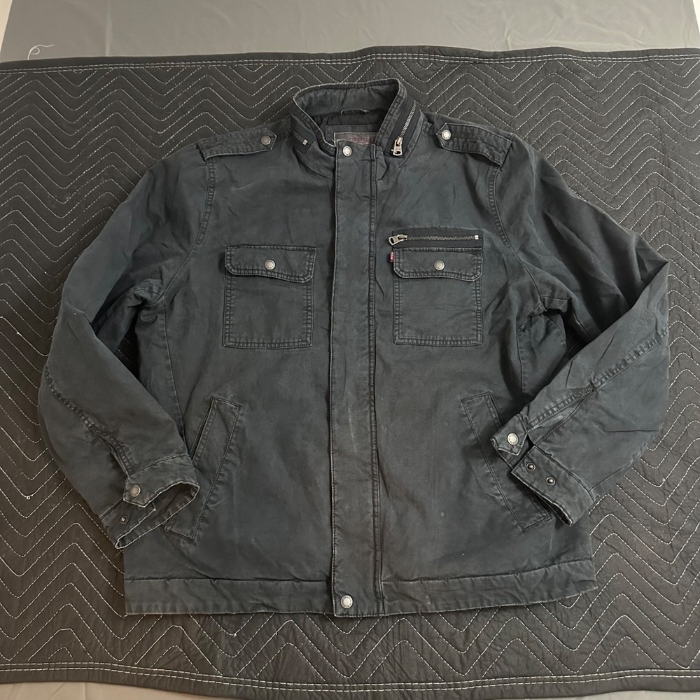 Levis Jacket Mens XL Black Utility Field Cotton Zip Snap Pockets Casual Military